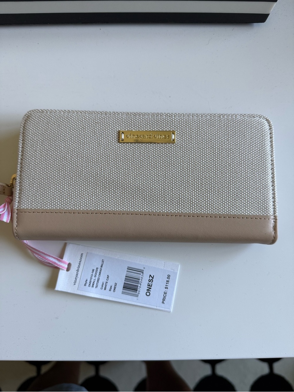 Gold-Tone Plaque Beige and Cream Zip Wallet - Women's